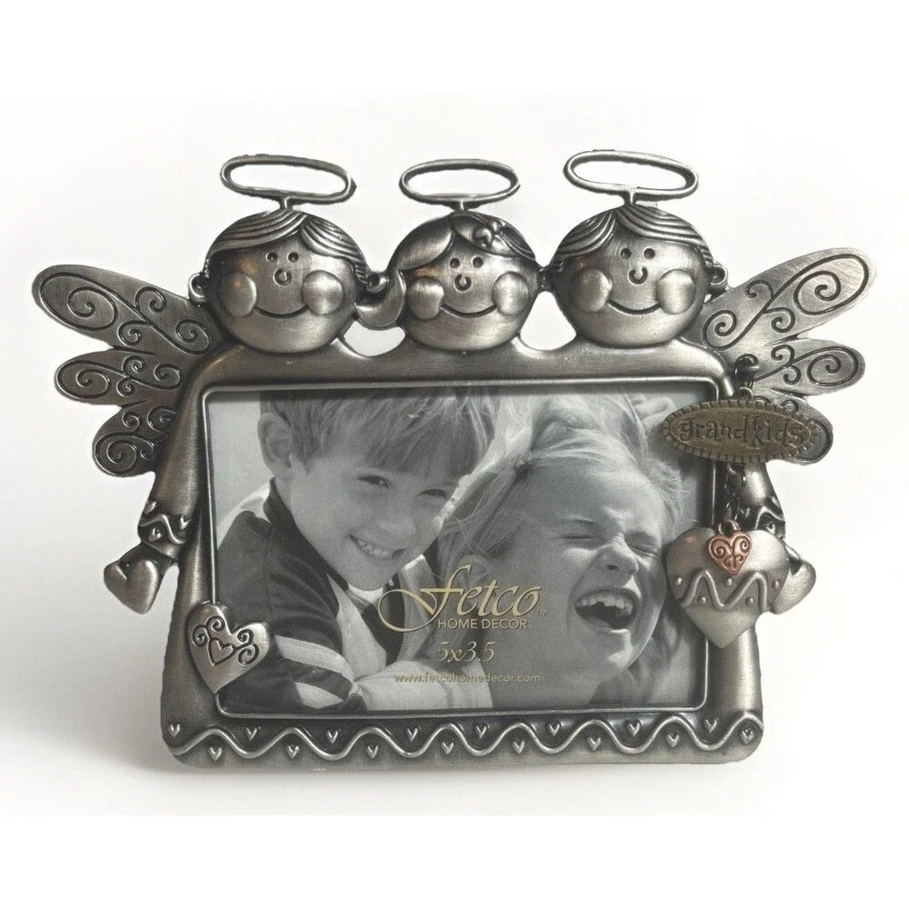 Vintage Fetco Pewter Grandkids Angel Picture Frame with Heart Charm 5x3.5 Photo